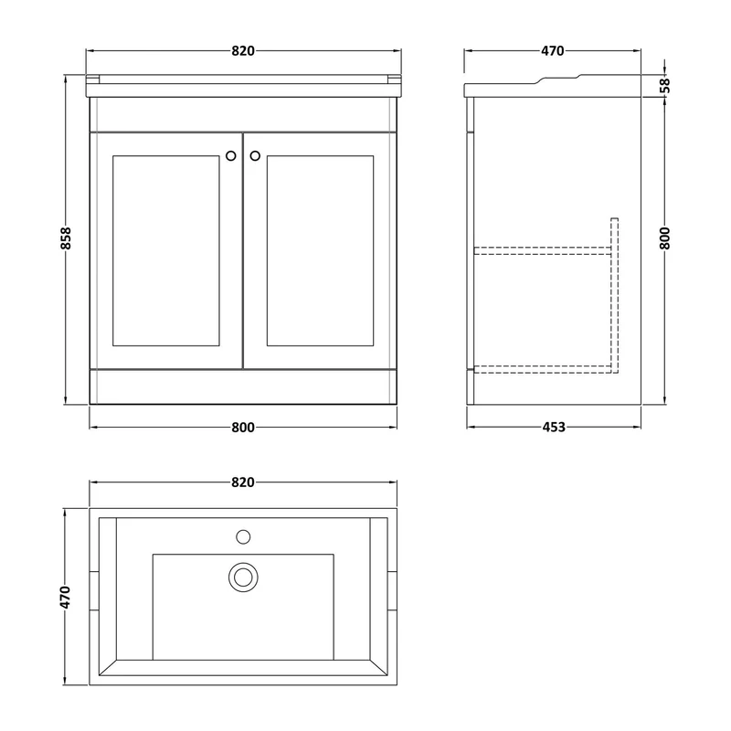 Classique 800mm Floor Standing Vanity Unit With 2 Doors With Traditional Basin - Satin White