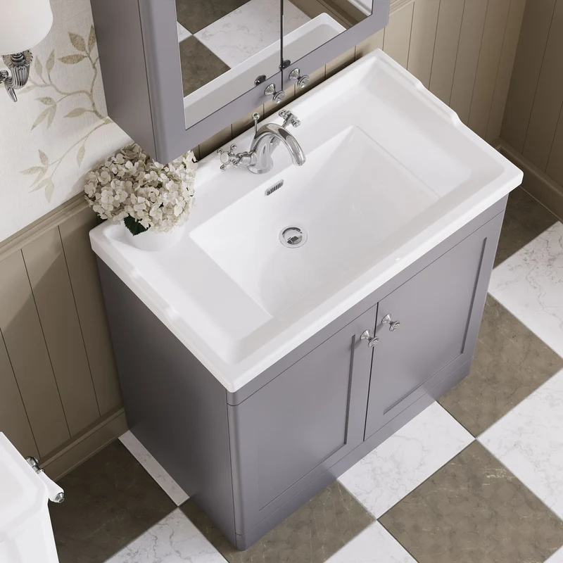 Classique 800mm Floor Standing Vanity Unit With 2 Doors With Traditional Basin - Satin Grey