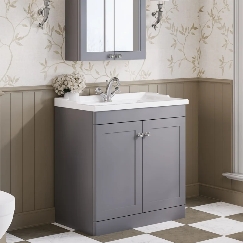 Classique 800mm Floor Standing Vanity Unit With 2 Doors With Traditional Basin - Satin Grey