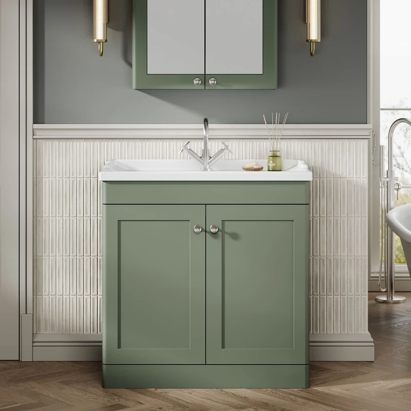 Classique 800mm Floor Standing Vanity Unit With 2 Doors With Traditional Basin - Satin Green