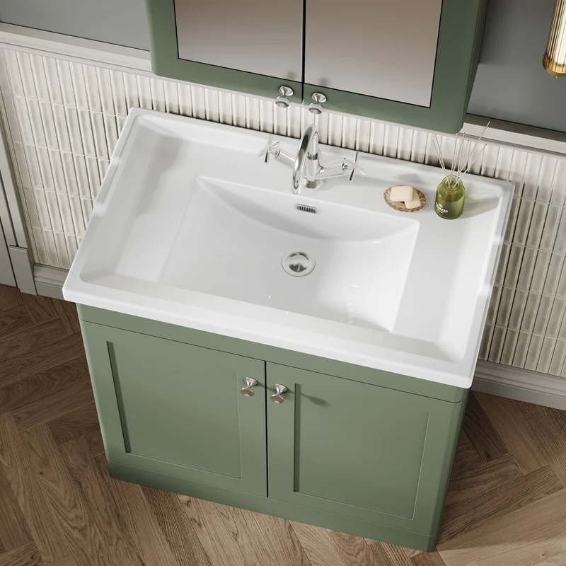 Classique 800mm Floor Standing Vanity Unit With 2 Doors With Traditional Basin - Satin Green