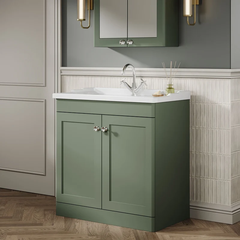 Classique 800mm Floor Standing Vanity Unit With 2 Doors With Traditional Basin - Satin Green