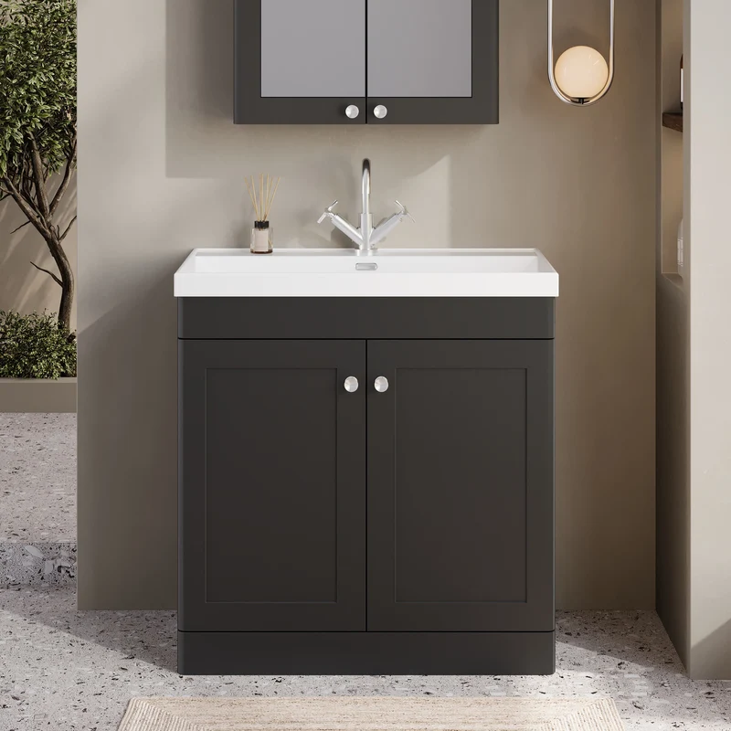 Classique 800mm Floor Standing Vanity Unit With 2 Doors With Thin Edge Ceramic Basin - Satin Soft Black
