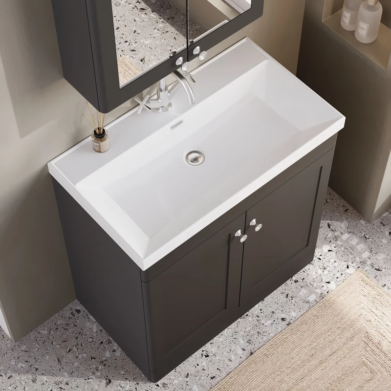 Classique 800mm Floor Standing Vanity Unit With 2 Doors With Thin Edge Ceramic Basin - Satin Soft Black