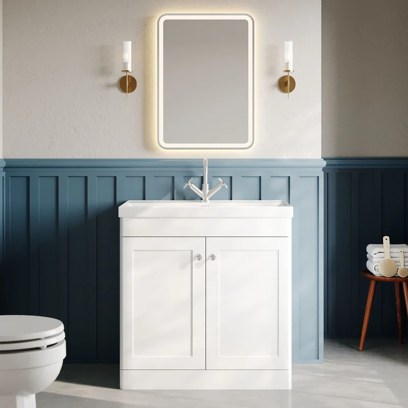Classique 800mm Floor Standing Vanity Unit With 2 Doors With Thin Edge Ceramic Basin - Satin White