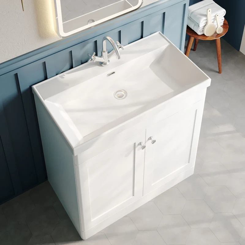 Classique 800mm Floor Standing Vanity Unit With 2 Doors With Thin Edge Ceramic Basin - Satin White
