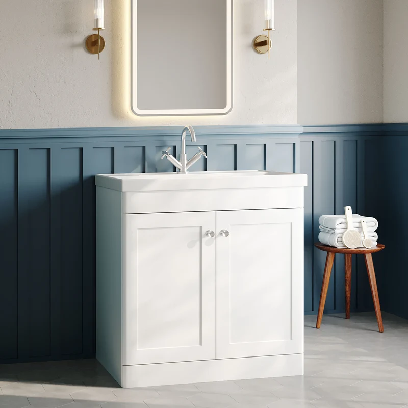 Classique 800mm Floor Standing Vanity Unit With 2 Doors With Thin Edge Ceramic Basin - Satin White
