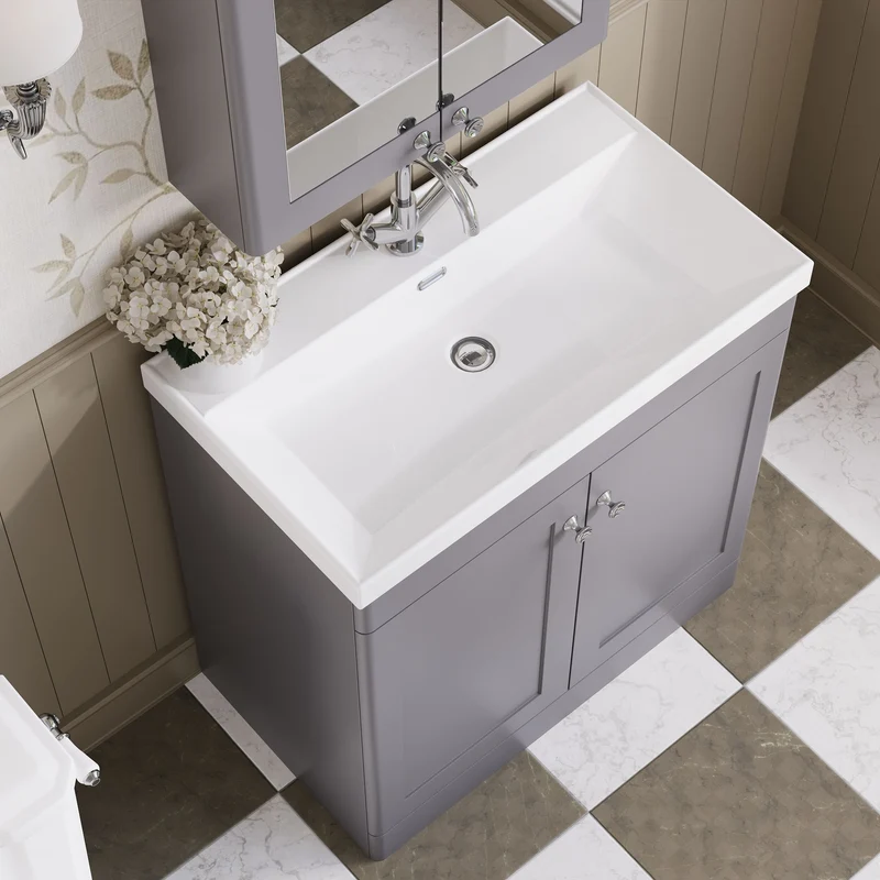 Classique 800mm Floor Standing Vanity Unit With 2 Doors With Thin Edge Ceramic Basin - Satin Grey