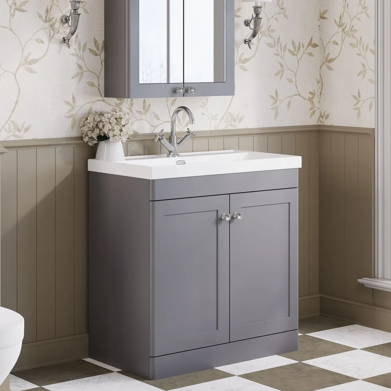Classique 800mm Floor Standing Vanity Unit With 2 Doors With Thin Edge Ceramic Basin - Satin Grey