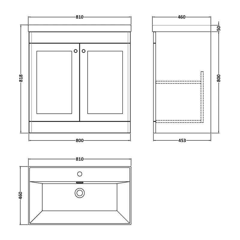 Classique 800mm Floor Standing Vanity Unit With 2 Doors With Thin Edge Ceramic Basin - Satin Grey