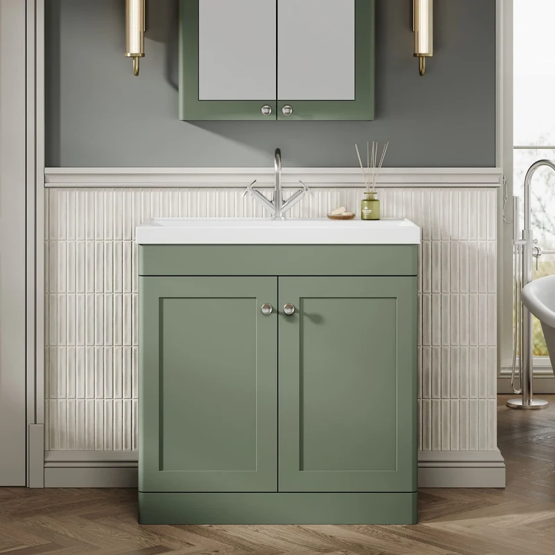 Classique 800mm Floor Standing Vanity Unit With 2 Doors With Thin Edge Ceramic Basin - Satin Green
