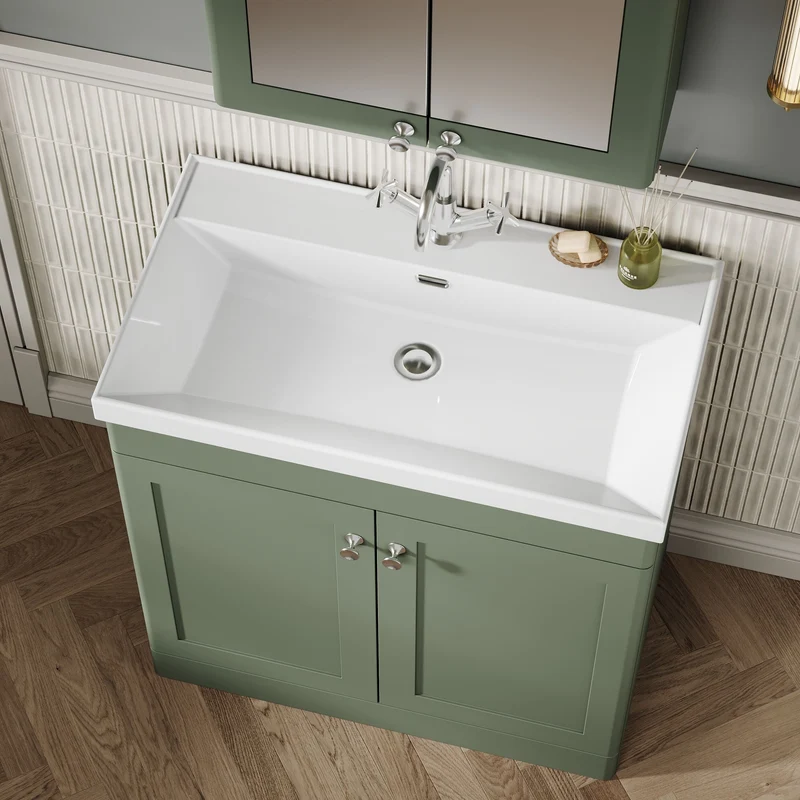 Classique 800mm Floor Standing Vanity Unit With 2 Doors With Thin Edge Ceramic Basin - Satin Green