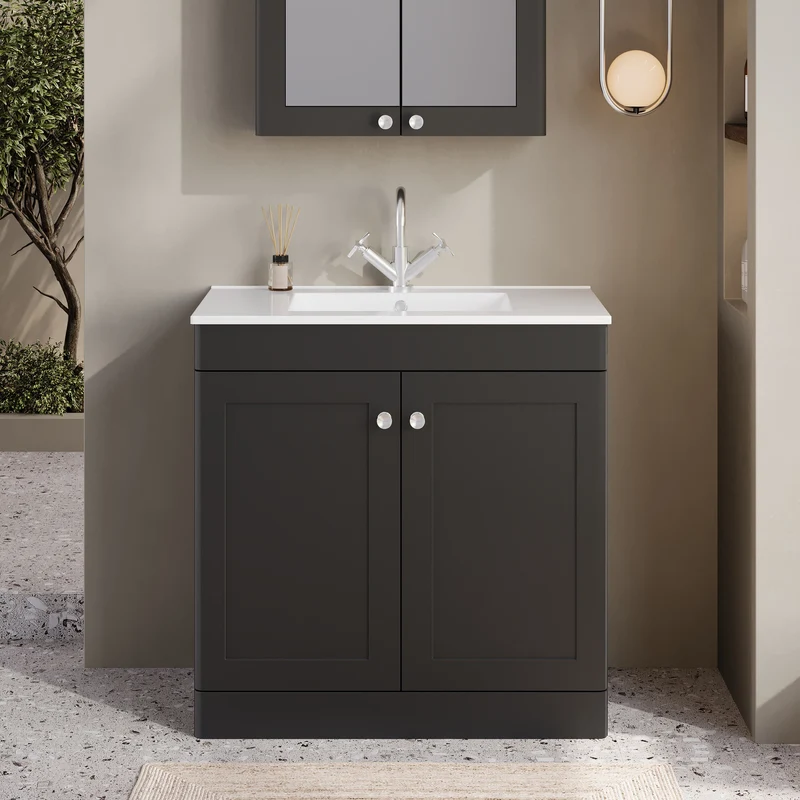 Classique 800mm Floor Standing Vanity Unit With 2 Doors With Minimalist Ceramic Basin - Satin Soft Black
