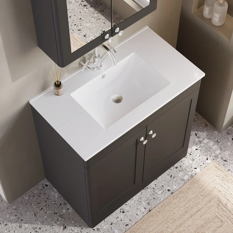 Classique 800mm Floor Standing Vanity Unit With 2 Doors With Minimalist Ceramic Basin - Satin Soft Black