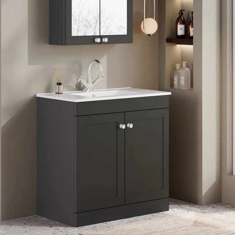 Classique 800mm Floor Standing Vanity Unit With 2 Doors With Minimalist Ceramic Basin - Satin Soft Black