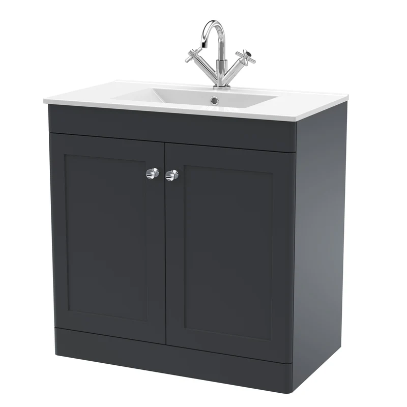 Classique 800mm Floor Standing Vanity Unit With 2 Doors With Minimalist Ceramic Basin - Satin Soft Black