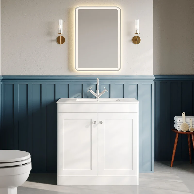 Classique 800mm Floor Standing Vanity Unit With 2 Doors With Minimalist Ceramic Basin - Satin White