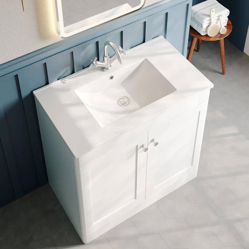 Classique 800mm Floor Standing Vanity Unit With 2 Doors With Minimalist Ceramic Basin - Satin White