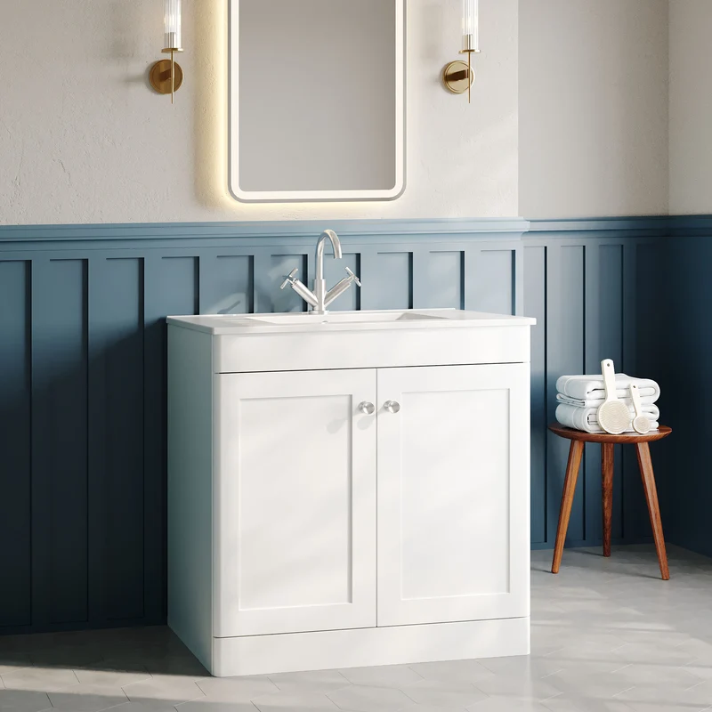 Classique 800mm Floor Standing Vanity Unit With 2 Doors With Minimalist Ceramic Basin - Satin White
