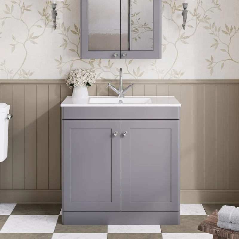 Classique 800mm Floor Standing Vanity Unit With 2 Doors With Minimalist Ceramic Basin - Satin Grey
