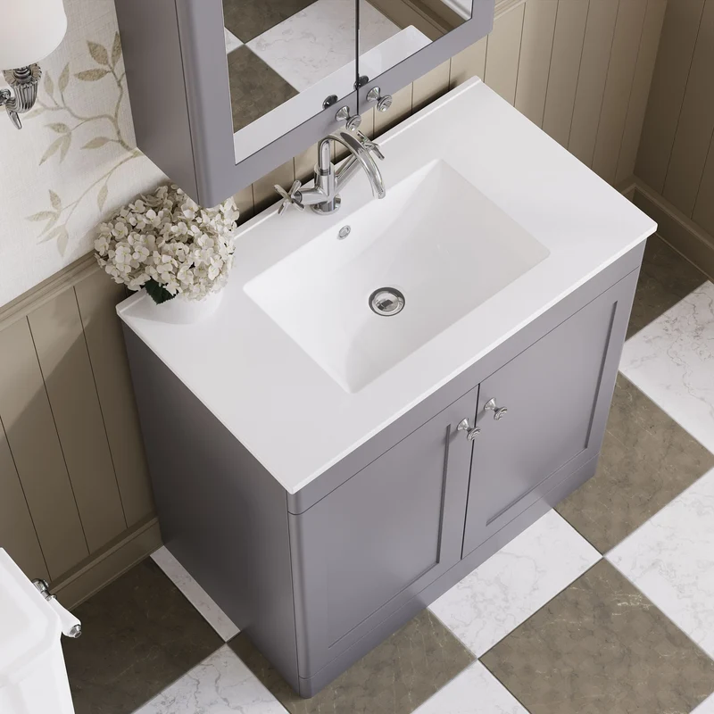 Classique 800mm Floor Standing Vanity Unit With 2 Doors With Minimalist Ceramic Basin - Satin Grey