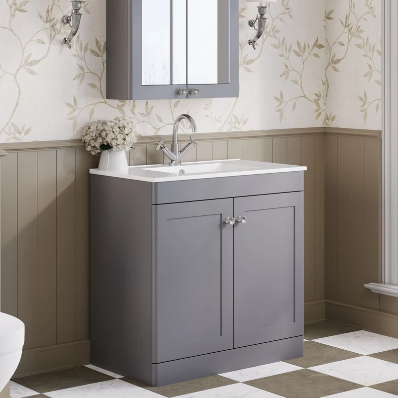 Classique 800mm Floor Standing Vanity Unit With 2 Doors With Minimalist Ceramic Basin - Satin Grey