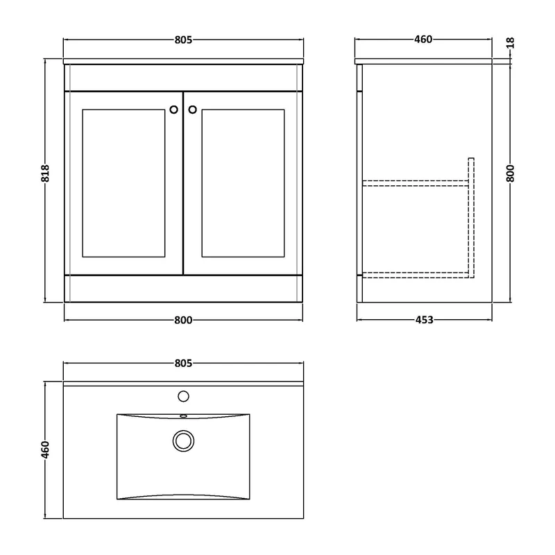 Classique 800mm Floor Standing Vanity Unit With 2 Doors With Minimalist Ceramic Basin - Satin Grey