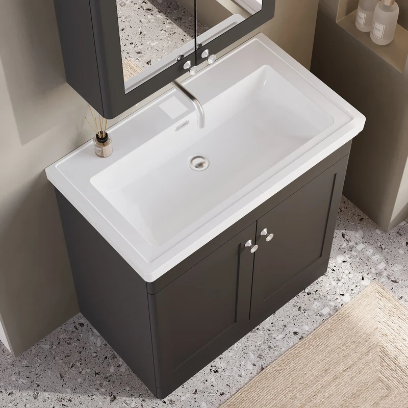 Classique 800mm Floor Standing Vanity Unit With 2 Doors With Fireclay Basin - Satin Soft Black