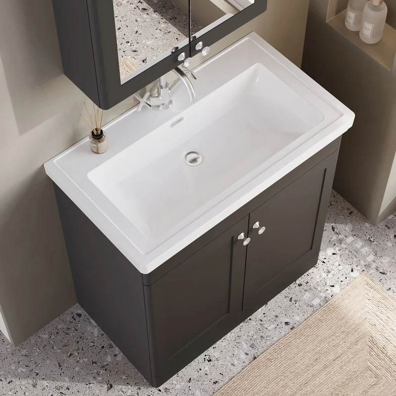 Classique 800mm Floor Standing Vanity Unit With 2 Doors With Fireclay Basin - Satin Soft Black