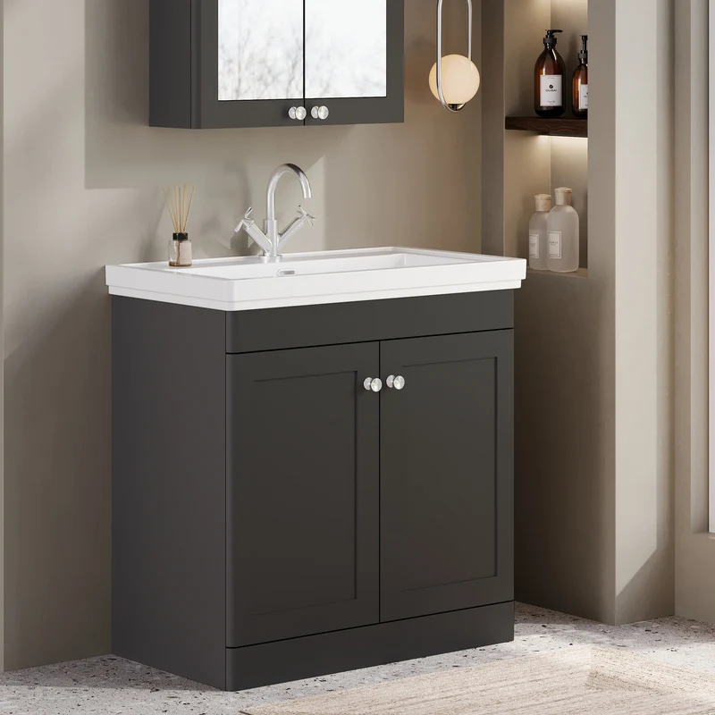 Classique 800mm Floor Standing Vanity Unit With 2 Doors With Fireclay Basin - Satin Soft Black