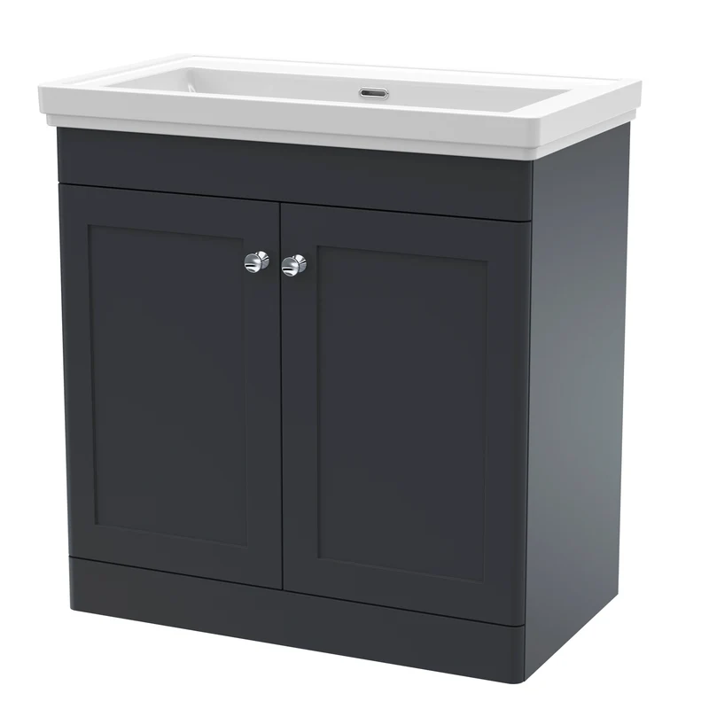 Classique 800mm Floor Standing Vanity Unit With 2 Doors With Fireclay Basin - Satin Soft Black