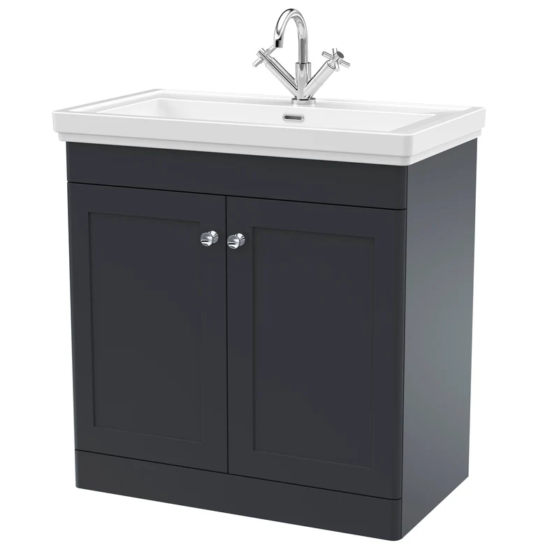 Classique 800mm Floor Standing Vanity Unit With 2 Doors With Fireclay Basin - Satin Soft Black