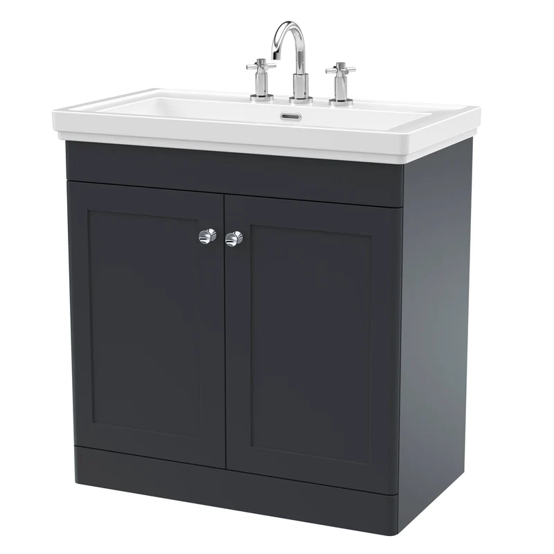 Classique 800mm Floor Standing Vanity Unit With 2 Doors With Fireclay Basin - Satin Soft Black