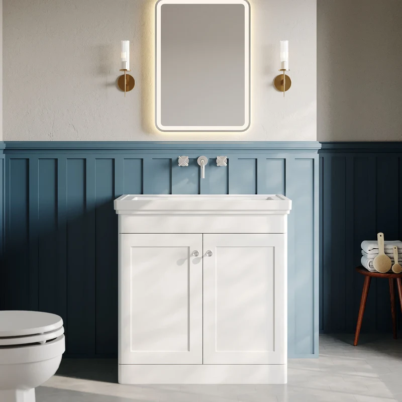 Classique 800mm Floor Standing Vanity Unit With 2 Doors With Fireclay Basin - Satin White