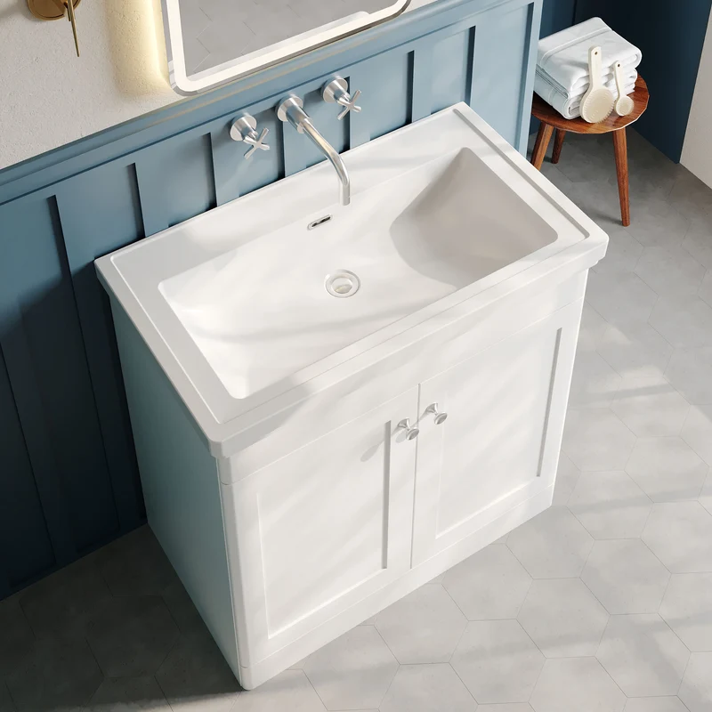 Classique 800mm Floor Standing Vanity Unit With 2 Doors With Fireclay Basin - Satin White