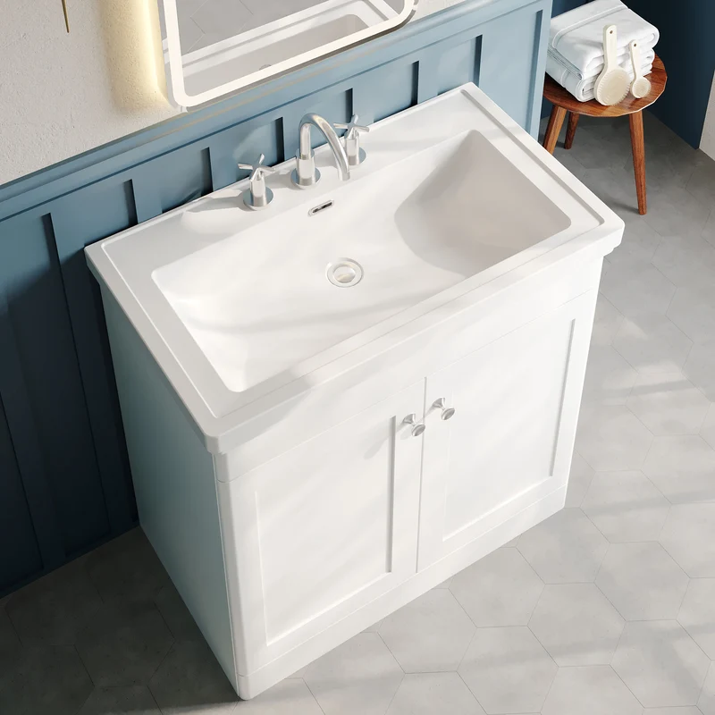 Classique 800mm Floor Standing Vanity Unit With 2 Doors With Fireclay Basin - Satin White