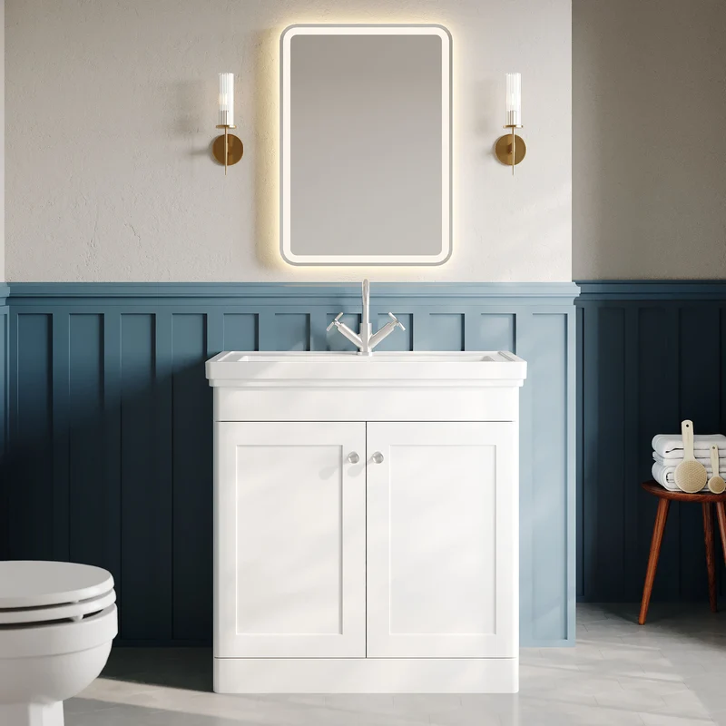 Classique 800mm Floor Standing Vanity Unit With 2 Doors With Fireclay Basin - Satin White