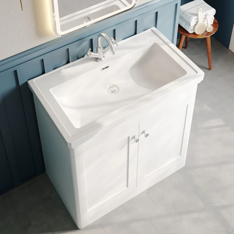 Classique 800mm Floor Standing Vanity Unit With 2 Doors With Fireclay Basin - Satin White