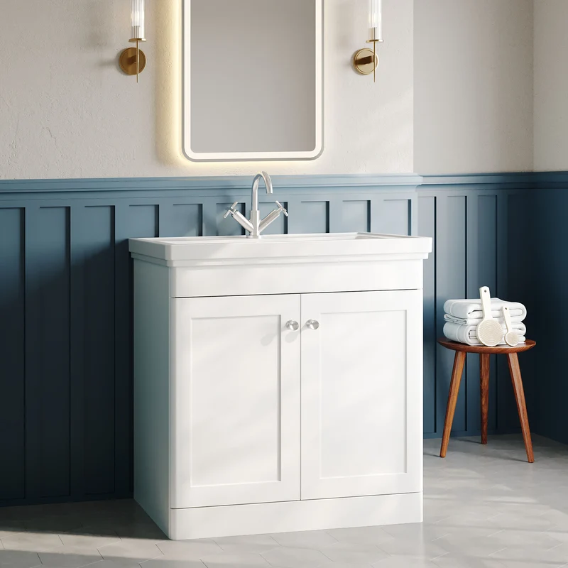 Classique 800mm Floor Standing Vanity Unit With 2 Doors With Fireclay Basin - Satin White
