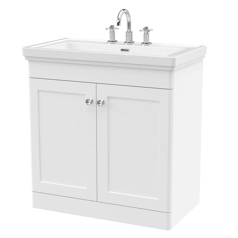 Classique 800mm Floor Standing Vanity Unit With 2 Doors With Fireclay Basin - Satin White