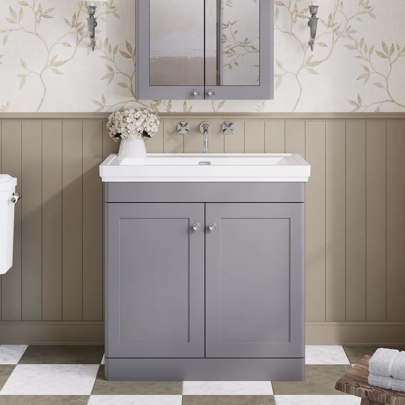 Classique 800mm Floor Standing Vanity Unit With 2 Doors With Fireclay Basin - Satin Grey