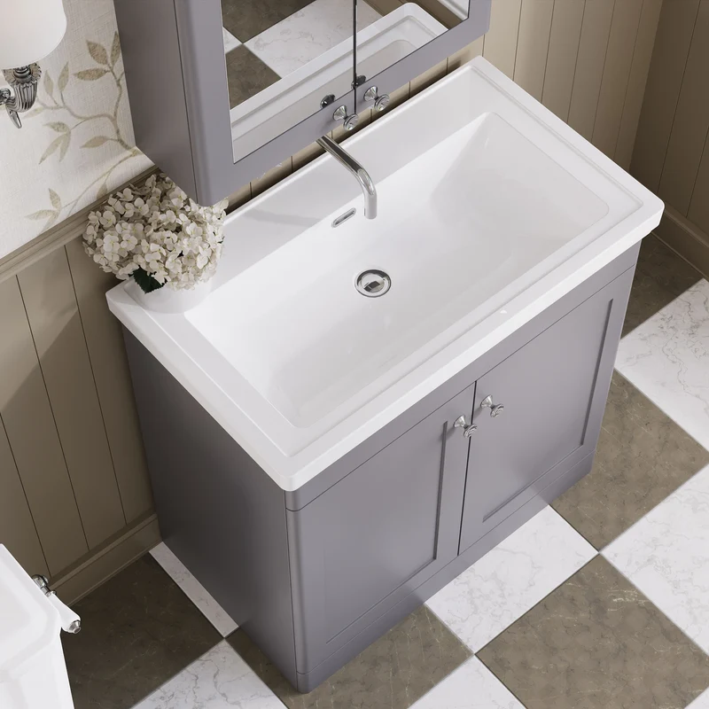 Classique 800mm Floor Standing Vanity Unit With 2 Doors With Fireclay Basin - Satin Grey
