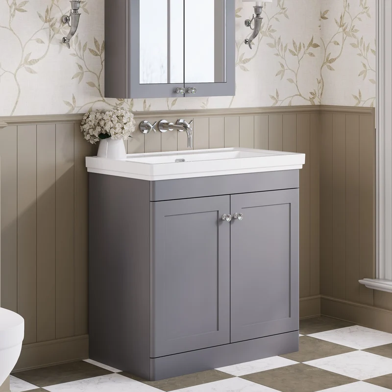 Classique 800mm Floor Standing Vanity Unit With 2 Doors With Fireclay Basin - Satin Grey