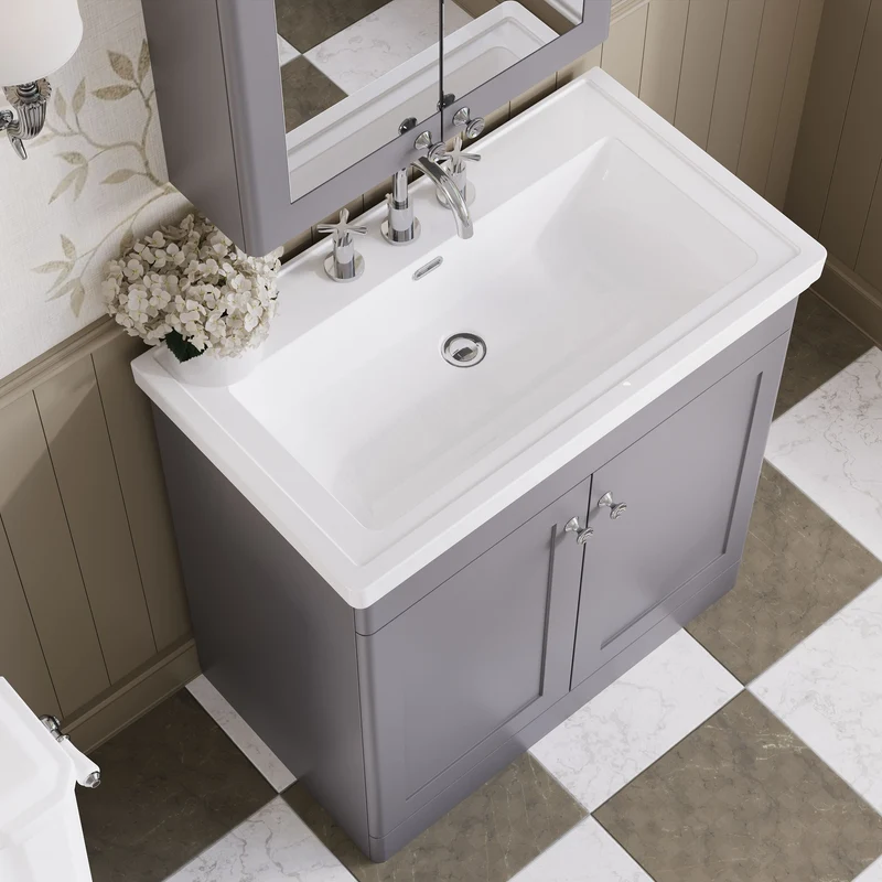 Classique 800mm Floor Standing Vanity Unit With 2 Doors With Fireclay Basin - Satin Grey