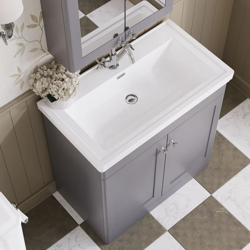 Classique 800mm Floor Standing Vanity Unit With 2 Doors With Fireclay Basin - Satin Grey