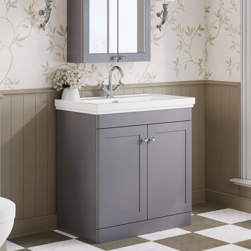 Classique 800mm Floor Standing Vanity Unit With 2 Doors With Fireclay Basin - Satin Grey