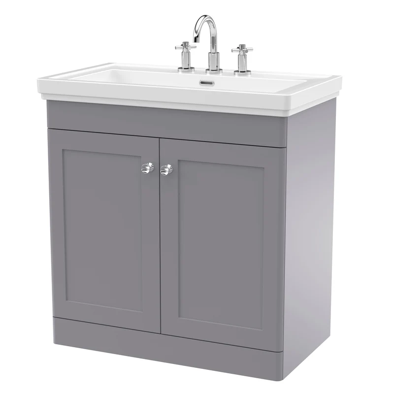 Classique 800mm Floor Standing Vanity Unit With 2 Doors With Fireclay Basin - Satin Grey