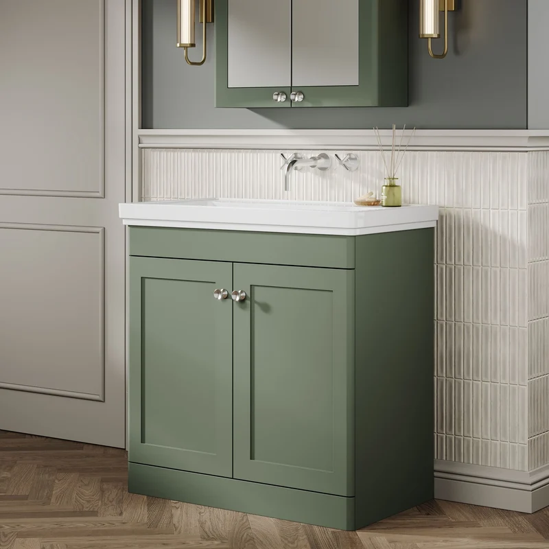 Classique 800mm Floor Standing Vanity Unit With 2 Doors With Fireclay Basin - Satin Green