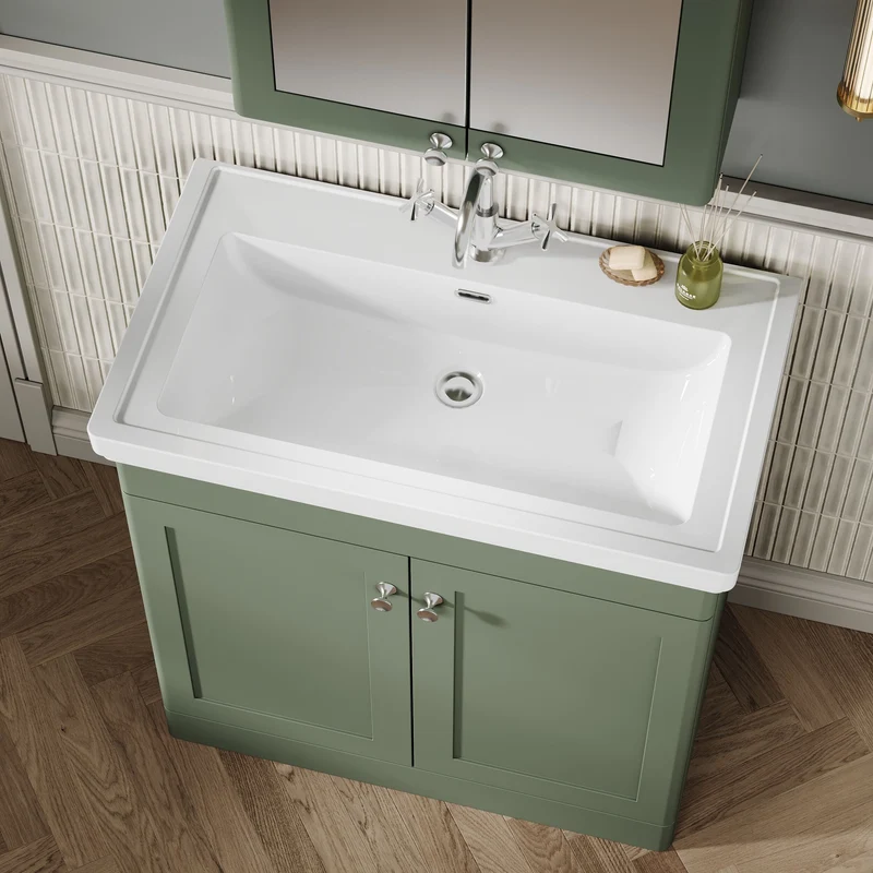 Classique 800mm Floor Standing Vanity Unit With 2 Doors With Fireclay Basin - Satin Green