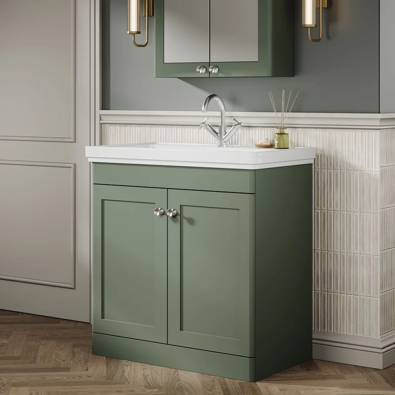 Classique 800mm Floor Standing Vanity Unit With 2 Doors With Fireclay Basin - Satin Green